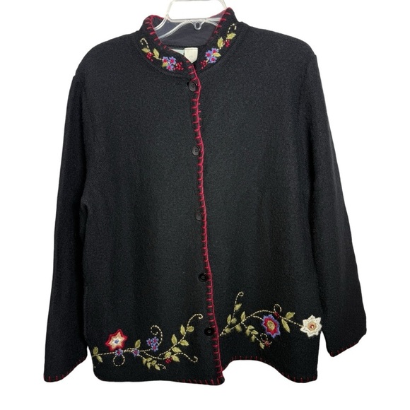 Vintage Sweaters - Vintage Floral Embroidered Boiled Wool Cardigan Sweater Jacket Size Large Black